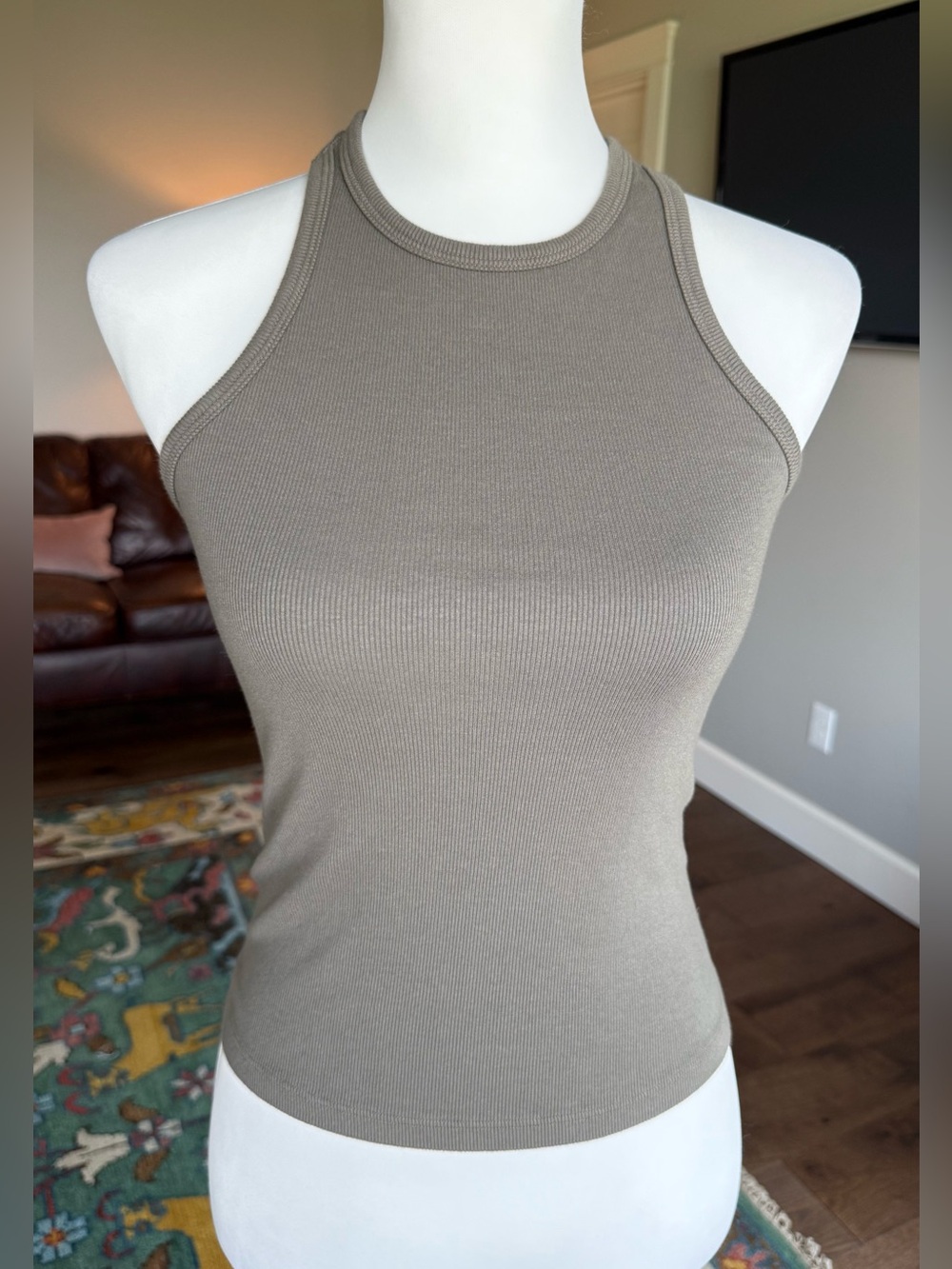 Michael Stars Ribbed High-Neck Racerback Tank Top in Army Green XS